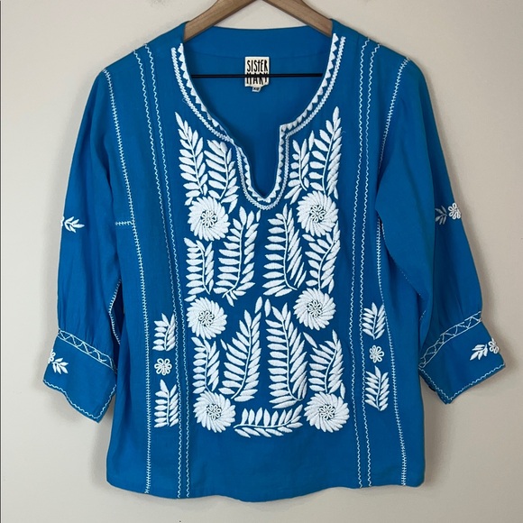 Sister Mary Tops - SISTER MARY Bohemian Embroidered Cotton Blouse Blue‎ White Sz XS